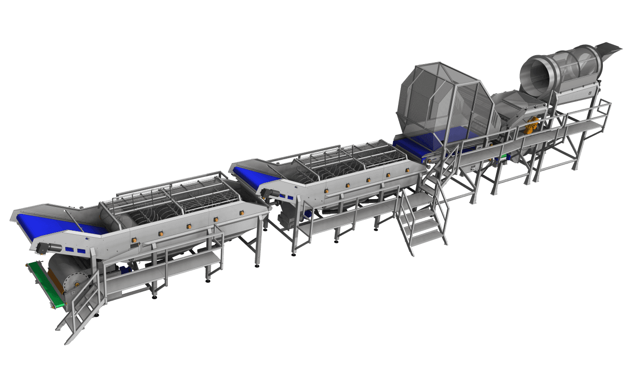 Spinach processing line with washing and cleaning equipment